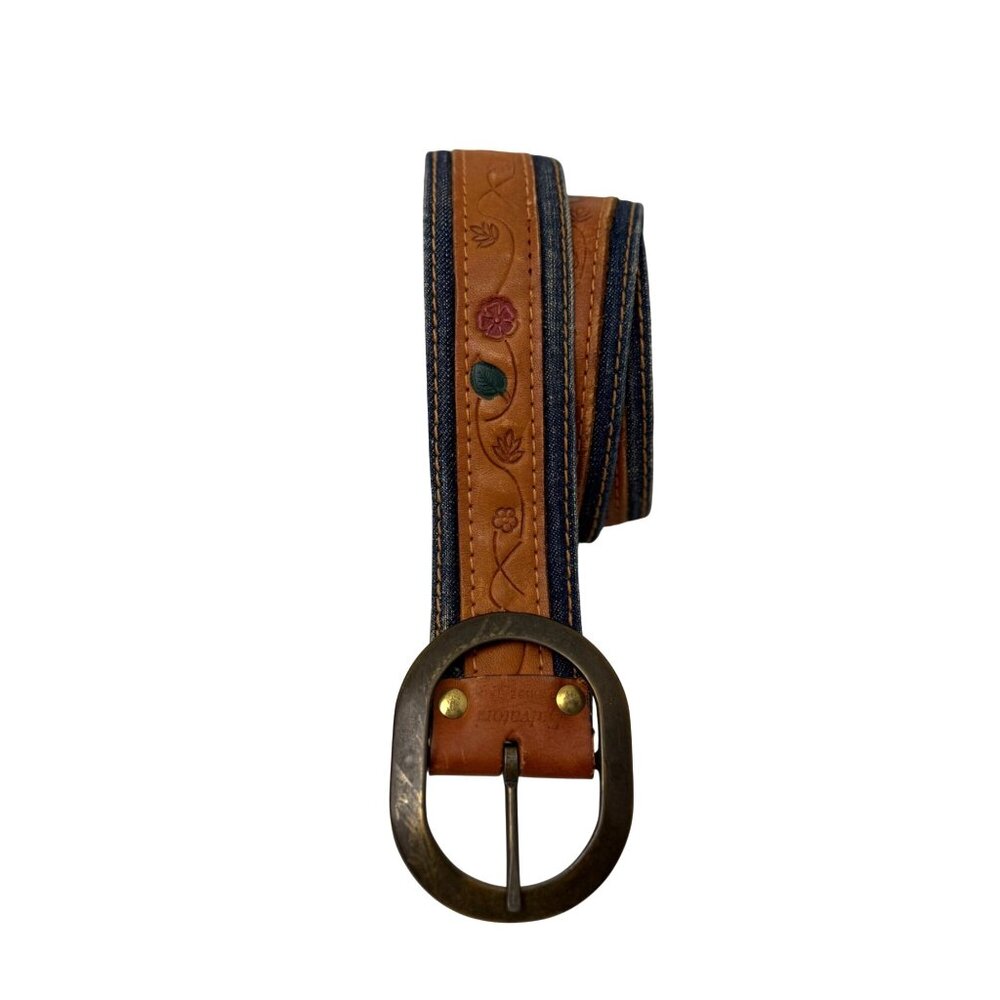 Vintage Salvatori Italy Women's Belt Brown Cowhide Leather Denim Floral Embossed
